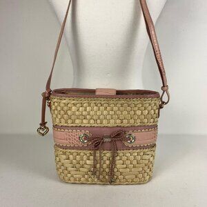 Brighton Woven Straw Shoulder Bag with Pink Leather Trim & Heart Charm